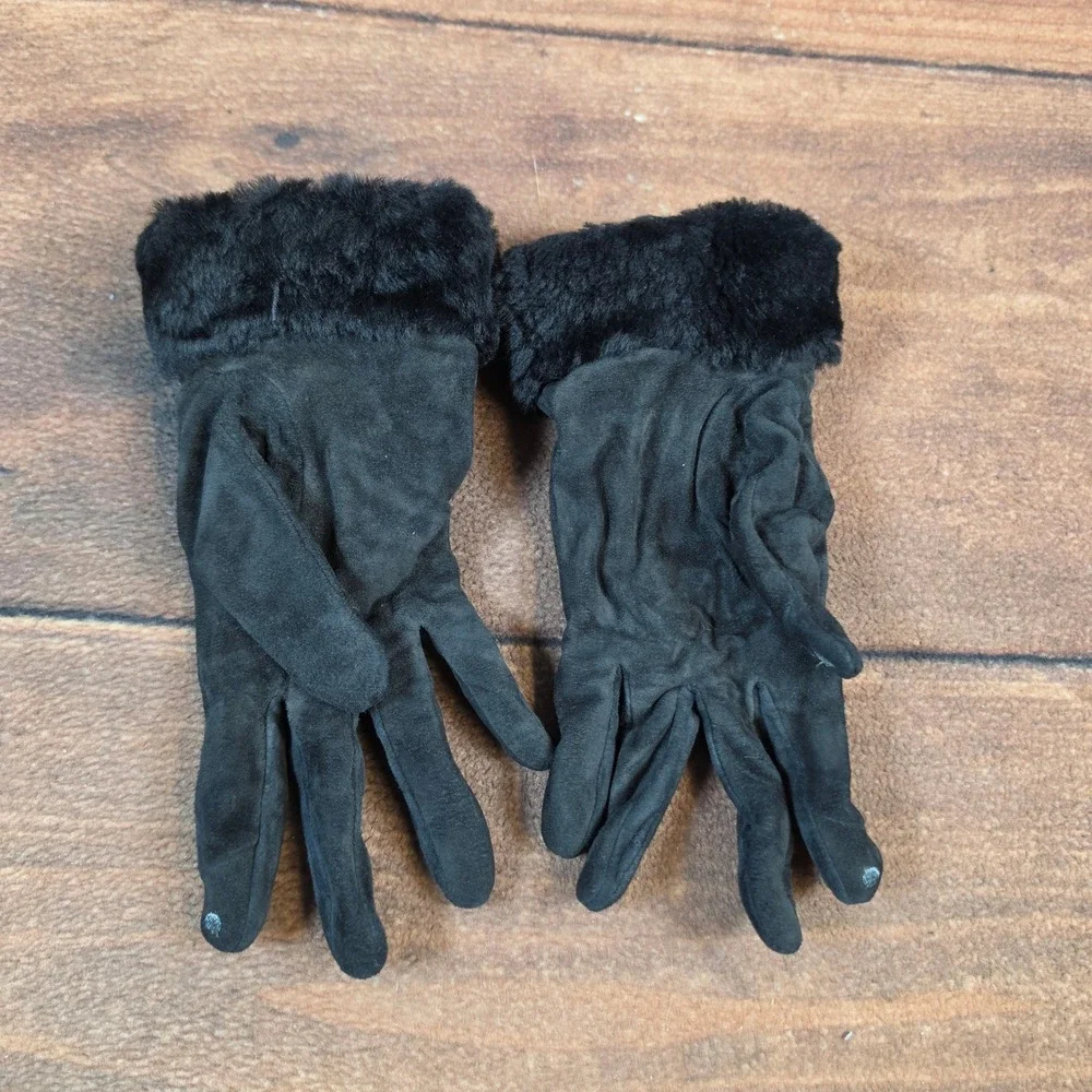 UGG Gloves Womens Large Black Excellent Shearling Trim Suede Winter Accessory